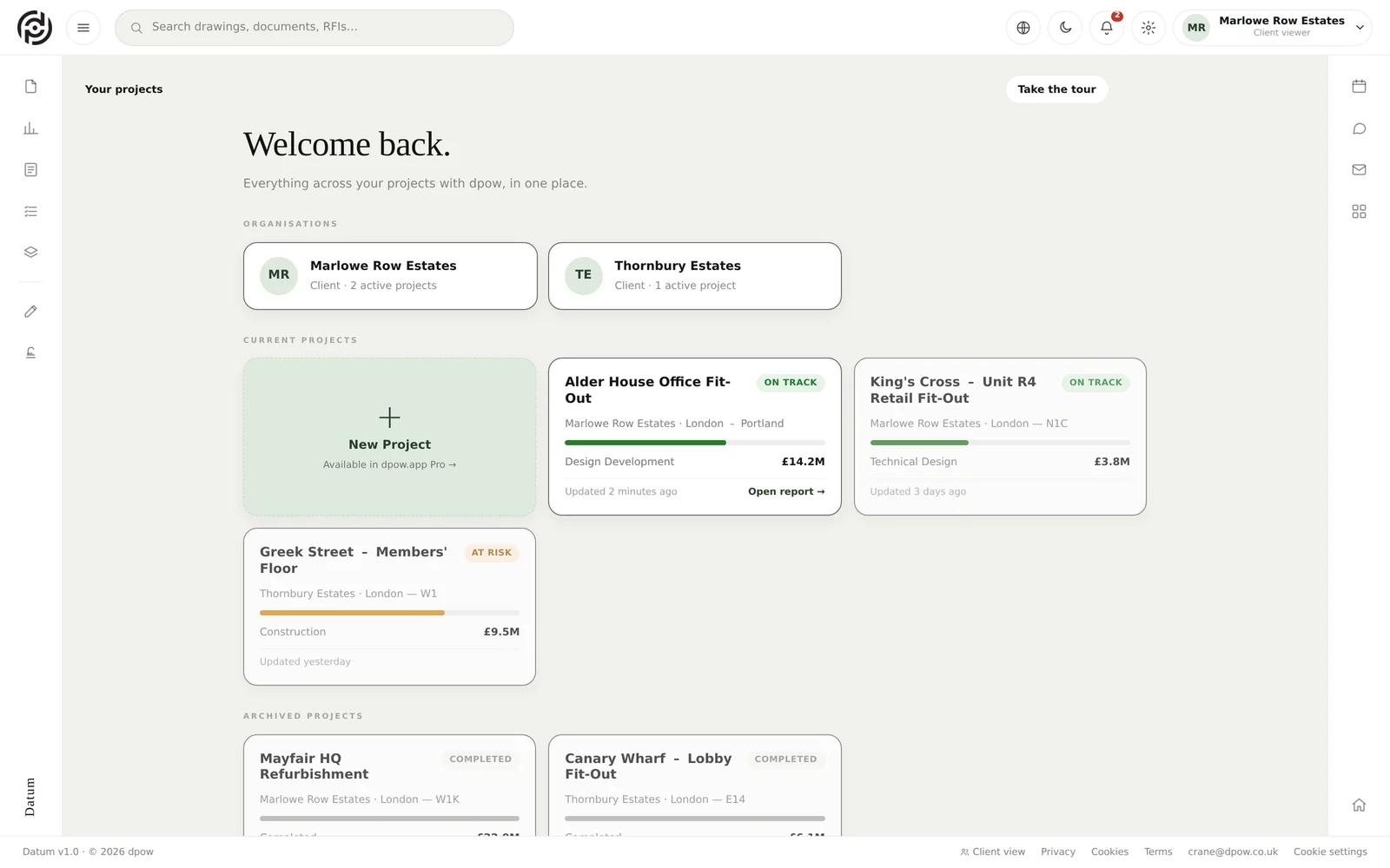 The client portal showing Published information only