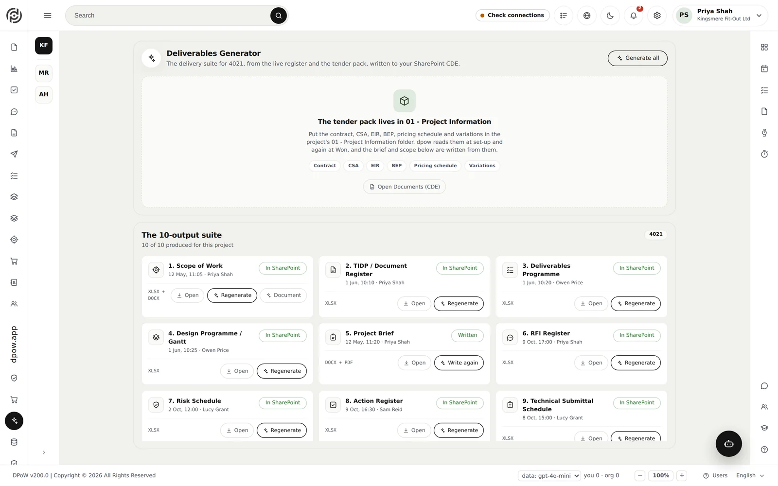 The dpow.app Deliverables Generator producing the project suite from the contract pack