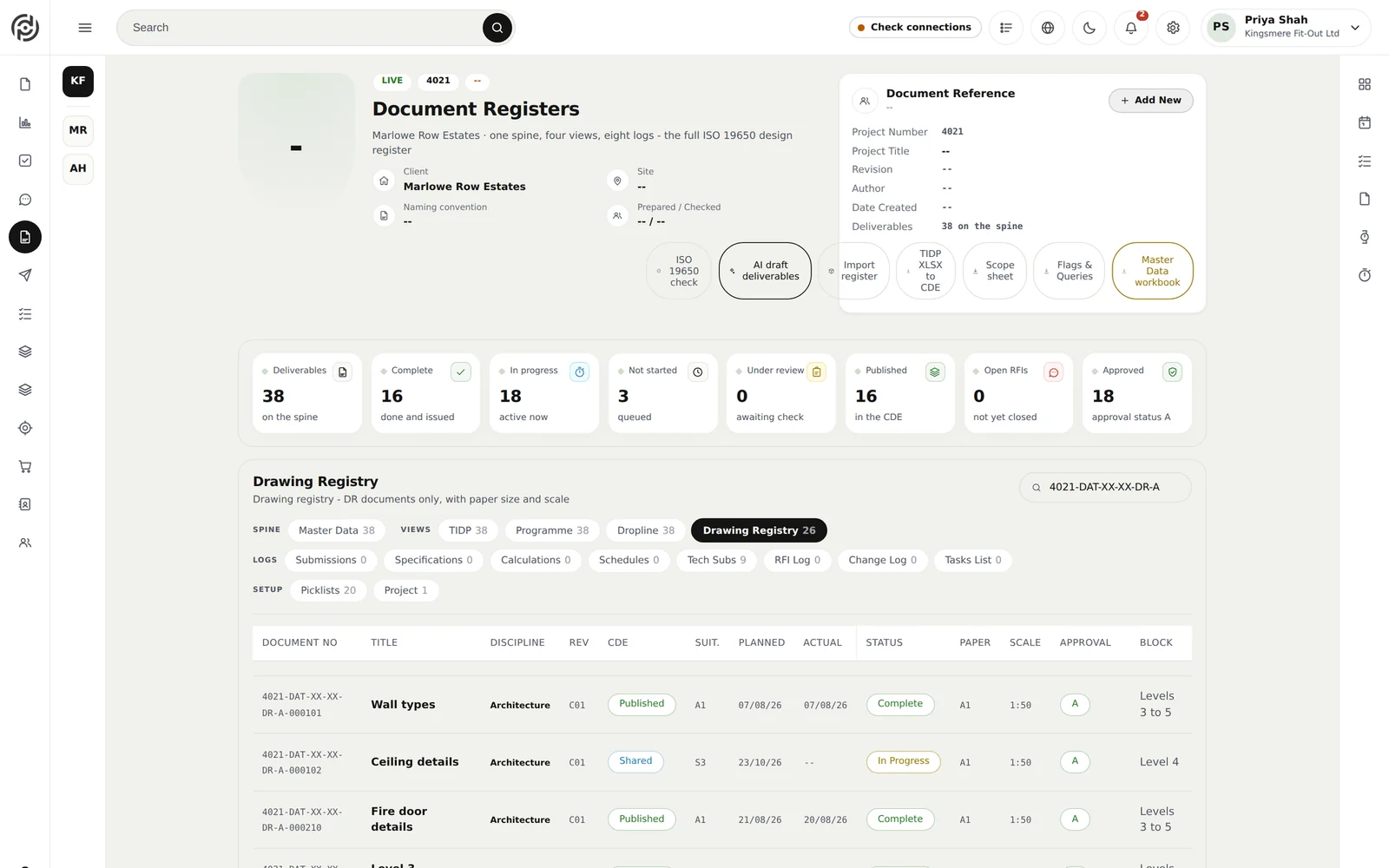 The dpow.app live register with ISO 19650 numbers and states